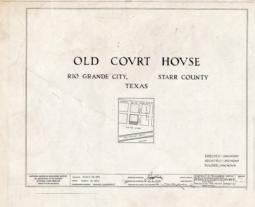 Blueprint HABS TEX,214-RIGCI,1- (Sheet 0 of 4) - Old Courthouse, Water Street at Texas Avenue, Rio Grande City, Starr County, TX