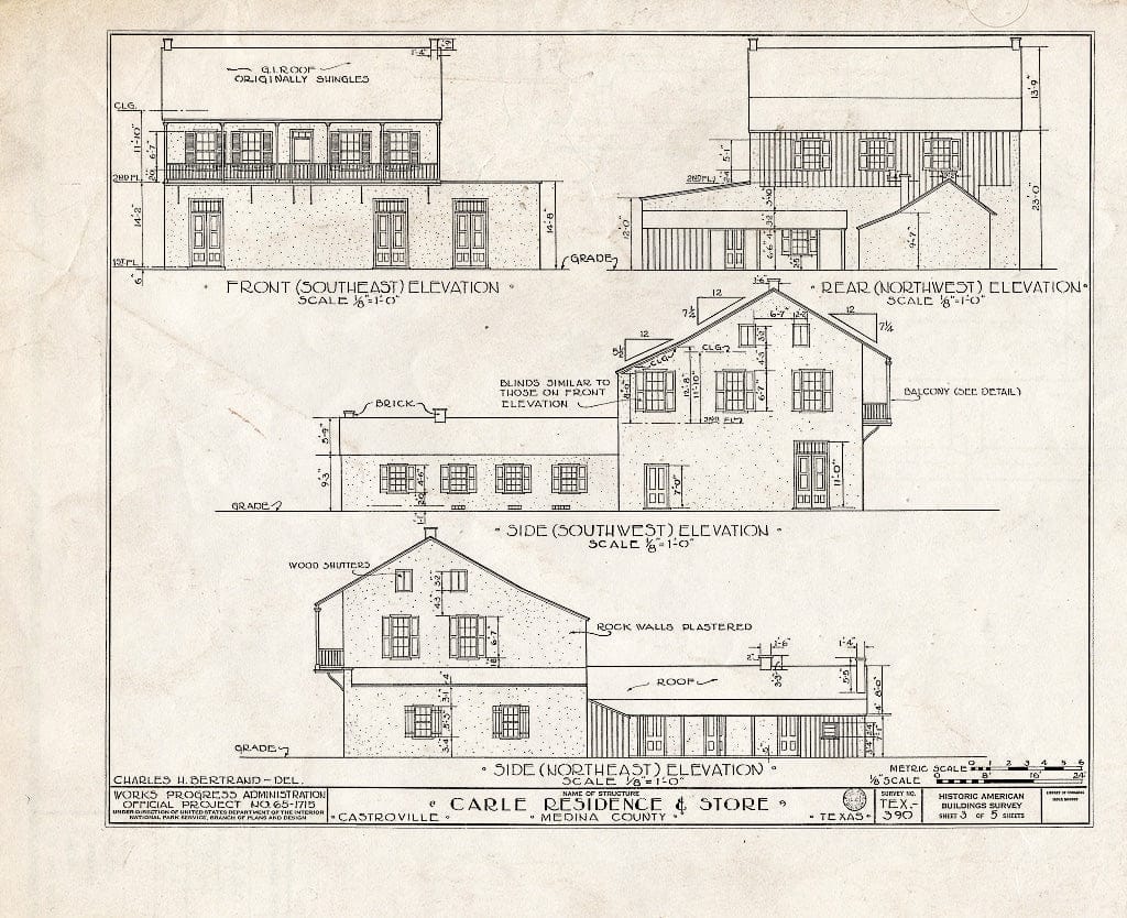 Blueprint HABS TEX,163-CAST,19- (Sheet 3 of 5) - Joseph Carle House & Store, Madird & Angelo Streets (Houston Square), Castroville, Medina County, TX