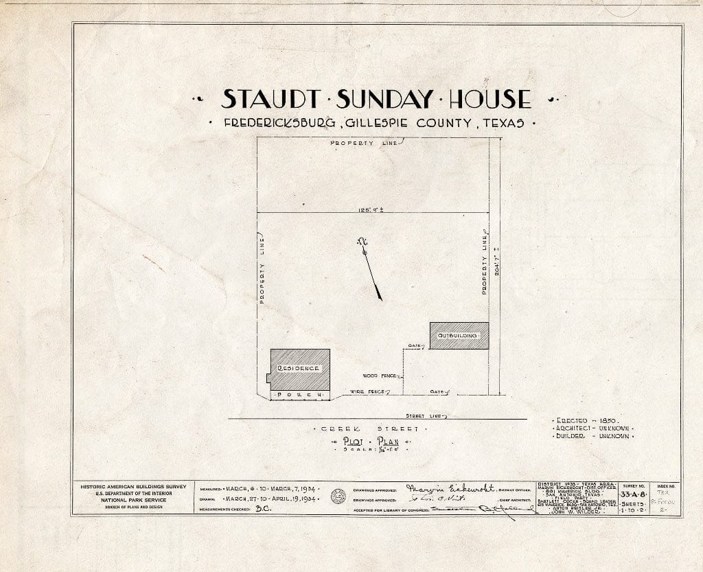 Blueprint HABS TEX,86-FREBU,2- (Sheet 0 of 2) - Sunday Staudt House, 512 West Creek Street, Fredericksburg, Gillespie County, TX