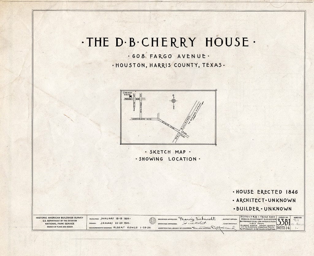 Blueprint HABS TEX,101-HOUT,1- (Sheet 0 of 4) - Nichols-Rice-Cherry House, Sam Houston Park (Moved from San Jacinto Street), Houston, Harris County, TX