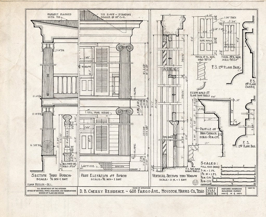 Blueprint HABS TEX,101-HOUT,1- (Sheet 4 of 4) - Nichols-Rice-Cherry House, Sam Houston Park (Moved from San Jacinto Street), Houston, Harris County, TX