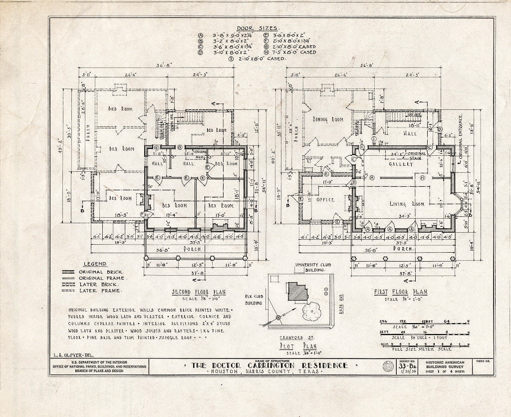 Blueprint HABS TEX,101-HOUT,2- (Sheet 1 of 4) - Dr. Carrington House, Crawford Street & Rusk Avenue, Houston, Harris County, TX