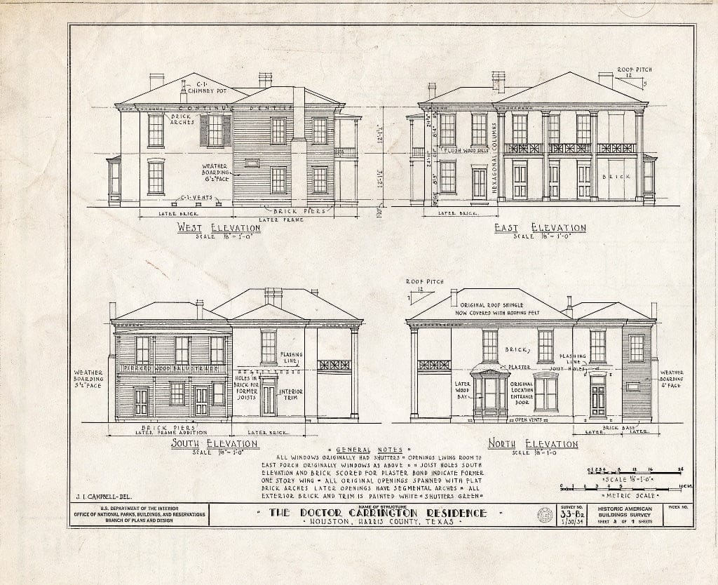 Blueprint HABS TEX,101-HOUT,2- (Sheet 2 of 4) - Dr. Carrington House, Crawford Street & Rusk Avenue, Houston, Harris County, TX