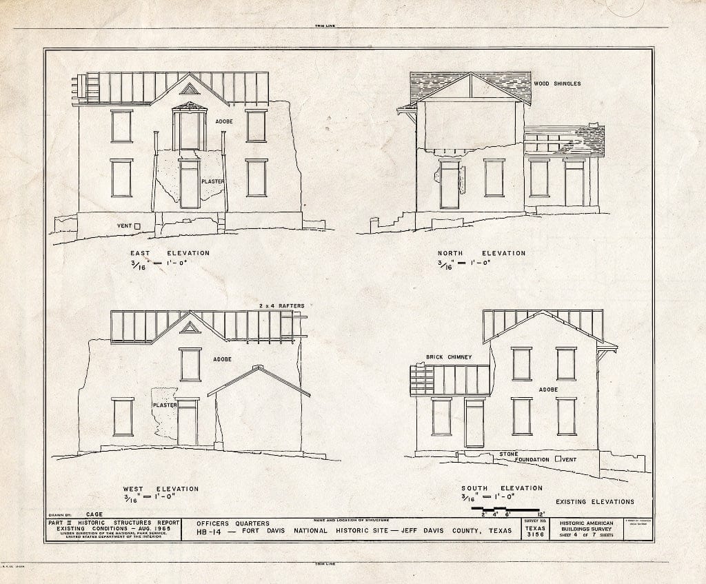Blueprint Existing elevations - Fort Davis, Quarters, HB-14, Texas Route 17, Fort Davis, Jeff Davis County, TX