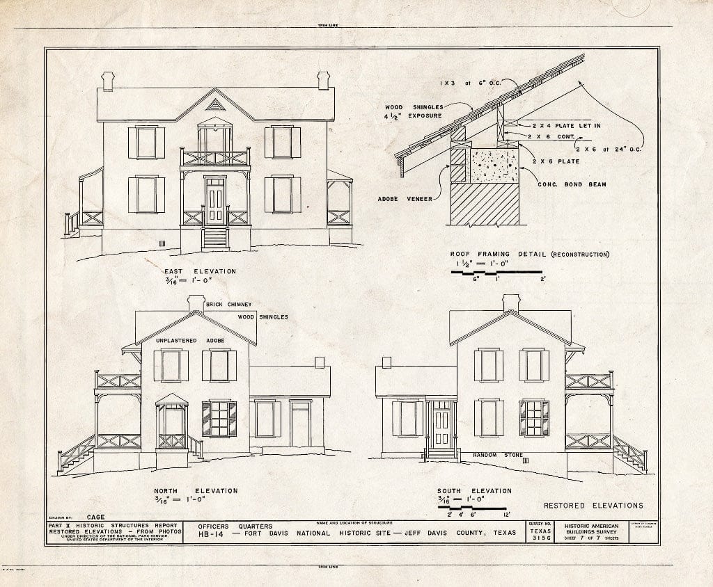 Blueprint Restored elevations - Fort Davis, Quarters, HB-14, Texas Route 17, Fort Davis, Jeff Davis County, TX