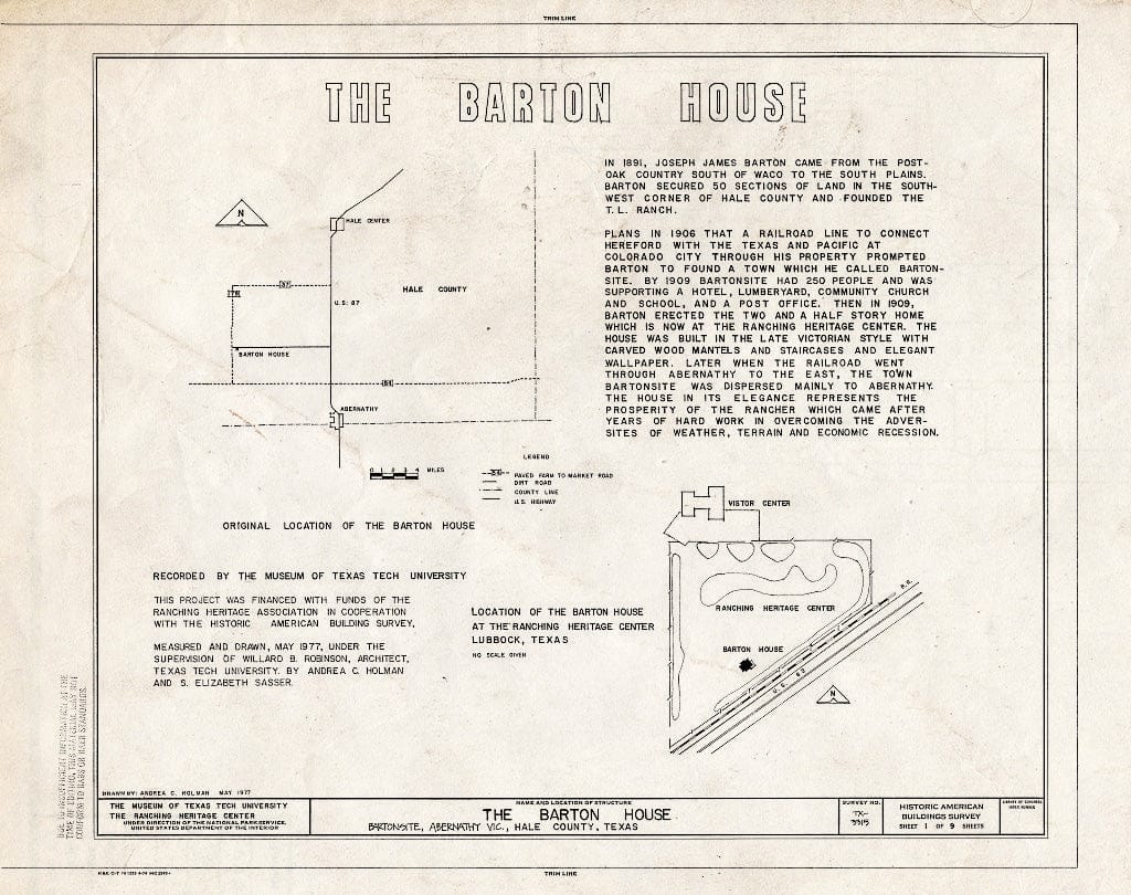 Blueprint HABS TEX,152-LUBBO,14- (Sheet 1 of 9) - Joseph J. Barton House, National Ranching Heritage Center (Moved from Abernathy Vicinity, TX), Lubbock, Lubbock County, TX
