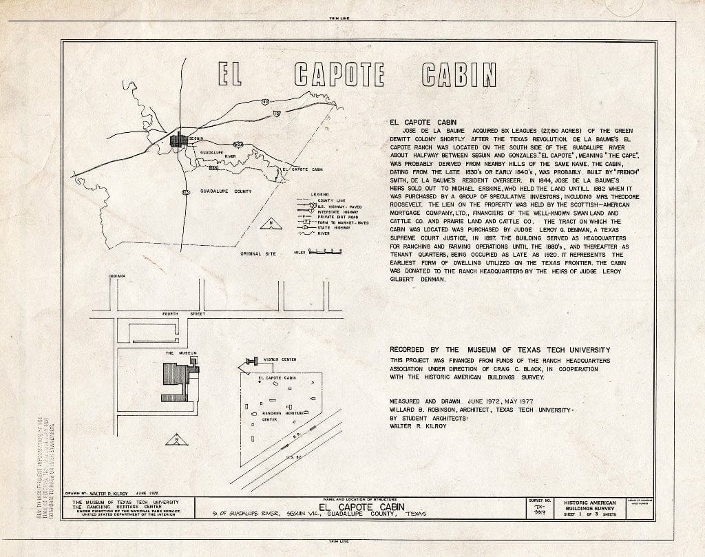 Blueprint HABS TEX,152-LUBBO,15- (Sheet 1 of 3) - El Capote Cabin, National Ranching Heritage Center (Moved from Seguin Vicinity, TX), Lubbock, Lubbock County, TX
