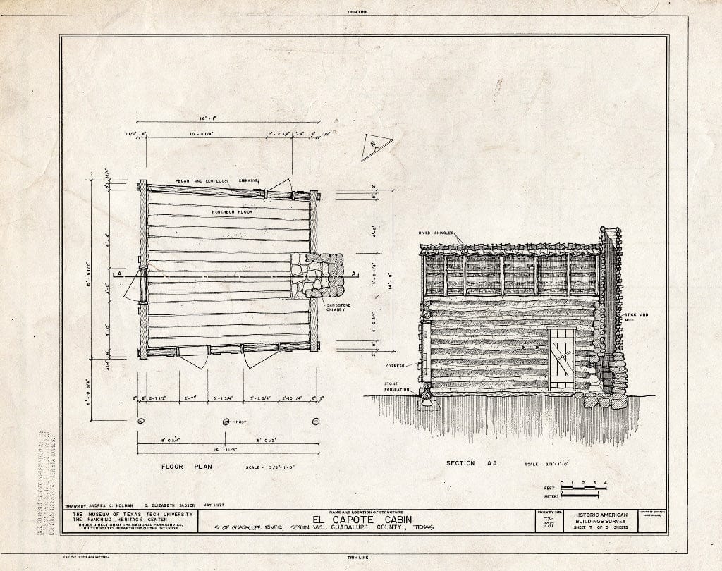Blueprint HABS TEX,152-LUBBO,15- (Sheet 3 of 3) - El Capote Cabin, National Ranching Heritage Center (Moved from Seguin Vicinity, TX), Lubbock, Lubbock County, TX