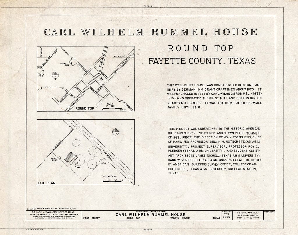 Blueprint HABS TEX,75-ROUNT,5- (Sheet 1 of 5) - Carl Wilhelm Rummel House, First Street, Round Top, Fayette County, TX