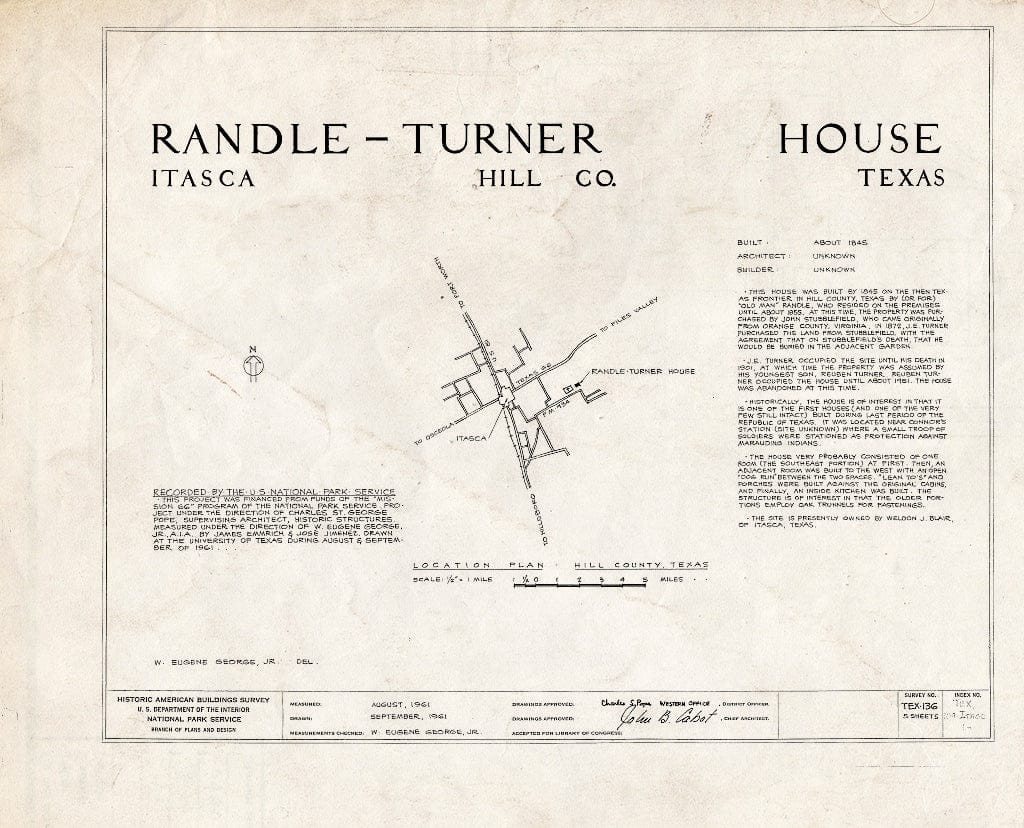 Blueprint HABS TEX,109-ITASC,1- (Sheet 0 of 5) - Randle-Turner House, Farm Road 934, Itasca, Hill County, TX