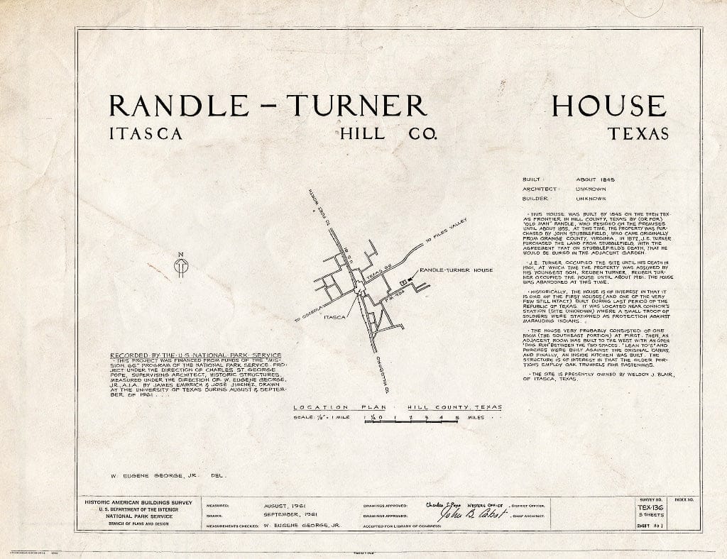 Blueprint HABS TEX,109-ITASC,1- (Sheet 1 of 5) - Randle-Turner House, Farm Road 934, Itasca, Hill County, TX
