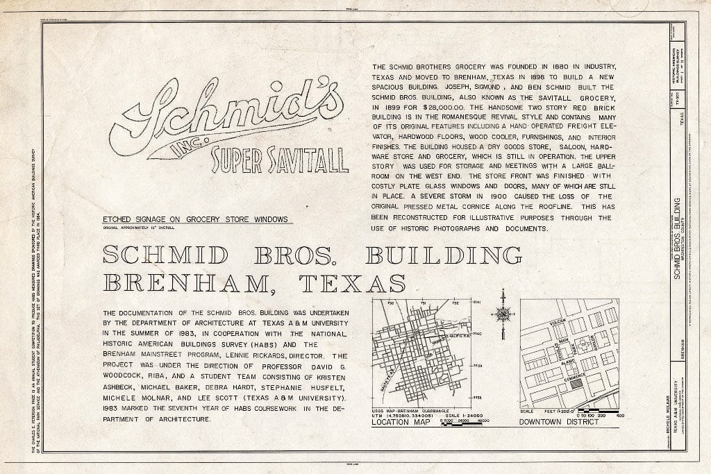 Blueprint HABS TEX,239-BREN,1- (Sheet 1 of 11) - Schmid Brothers Buildings, Commerce & Park Streets, Brenham, Washington County, TX