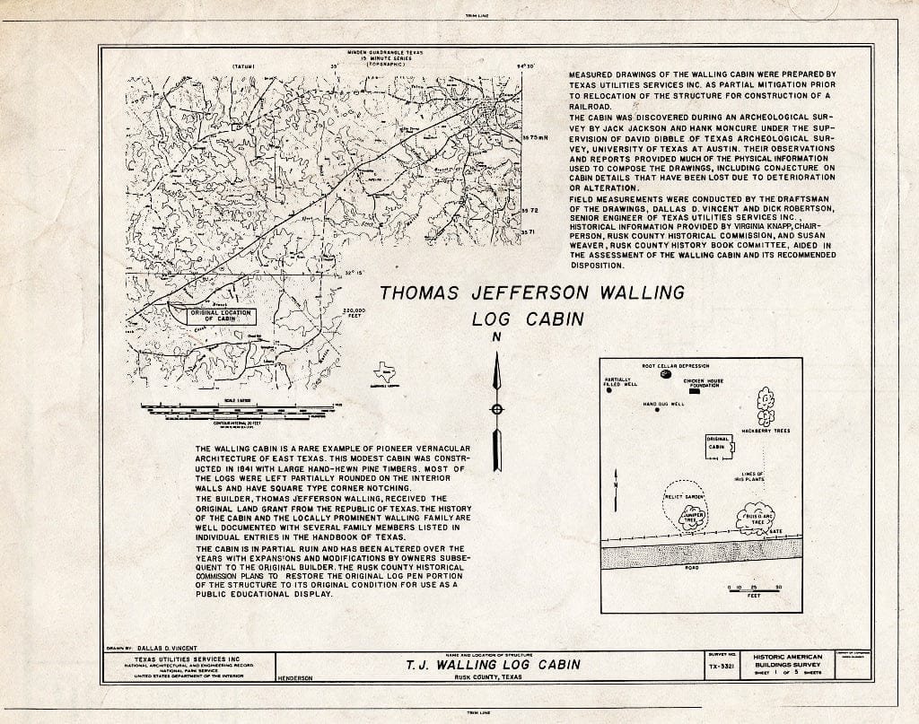 Blueprint HABS TEX,201-HEN,1- (Sheet 1 of 5) - Thomas Jefferson Walling Log Cabin, Henderson, Rusk County, TX