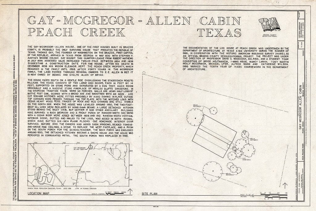 Blueprint HABS TEX,21-MICA.V,1- (Sheet 1 of 10) - Gay-MacGregor-Allen Cabin, Rock Prairie Road, Millican, Brazos County, TX
