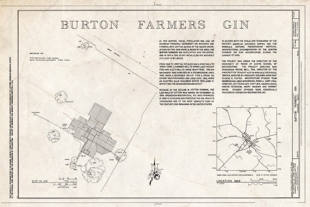 Blueprint HABS TEX,239-BURT,1- (Sheet 1 of 9) - Burton Farmer's Gin, Main Street, Burton, Washington County, TX