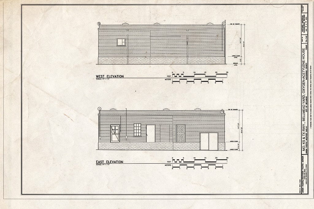 Blueprint WEST Elevation and East Elevation - Missouri, Kansas & Texas (MKT) Railroad, Bellmead Yard, Fuel Storage Building, Bellmead, McLennan County, TX