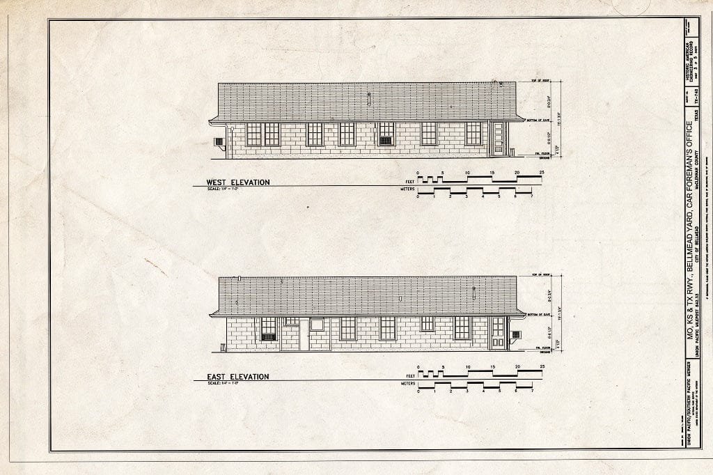 Blueprint WEST Elevation and East Elevation - Missouri, Kansas & Texas (MKT) Railroad, Bellmead Yard, Car Foreman's Office, Bellmead, McLennan County, TX