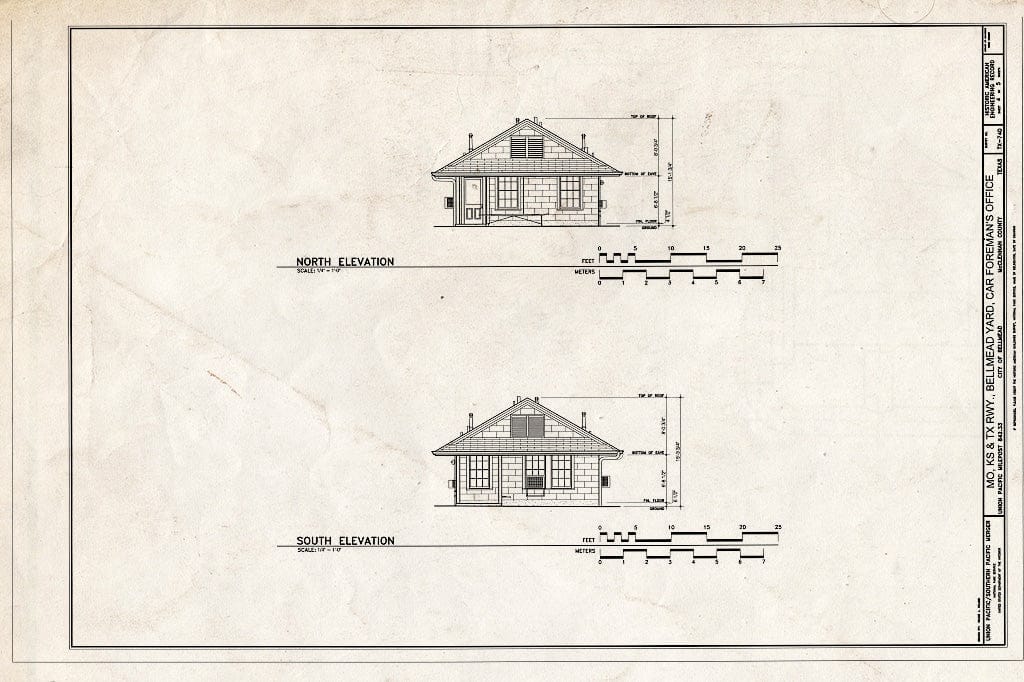Blueprint North Elevation and South Elevation - Missouri, Kansas & Texas (MKT) Railroad, Bellmead Yard, Car Foreman's Office, Bellmead, McLennan County, TX