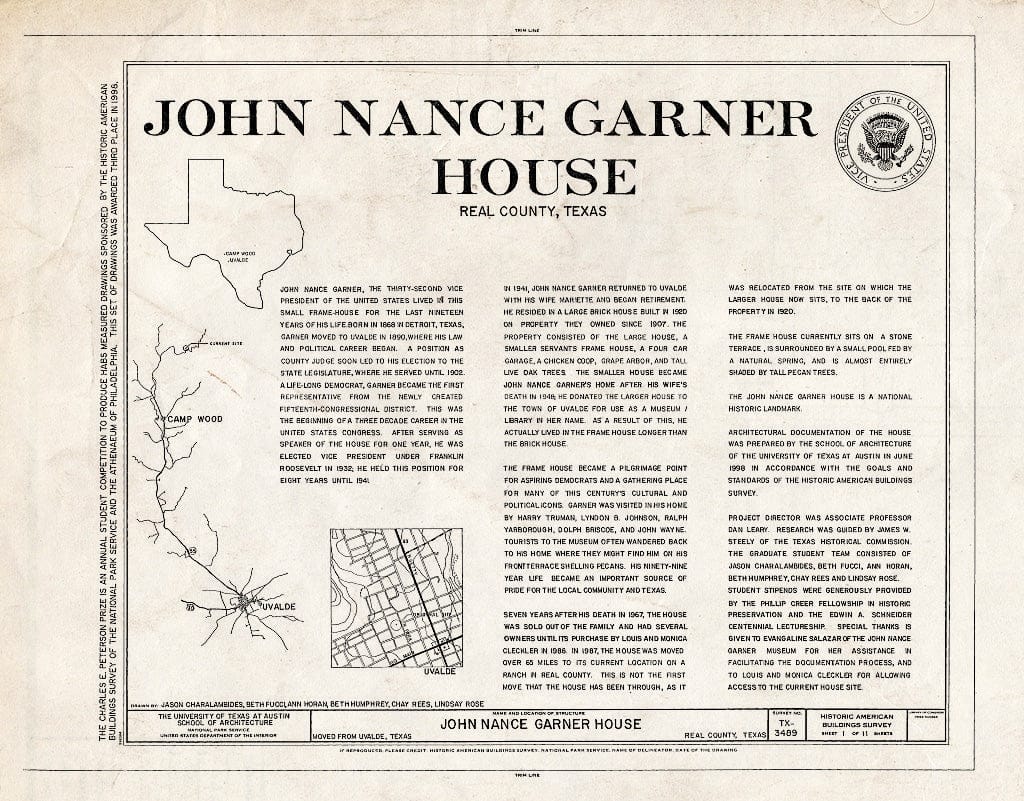 Blueprint HABS TEX,193-CAMP.V,1- (Sheet 1 of 11) - John Nance Garner House, Camp Wood, Real County, TX