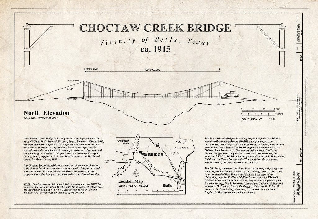 Blueprint HAER TX,91-Bell.V,1- (Sheet 1 of 3) - Choctaw Creek Bridge, Spanning Choctaw Creek, Bells, Grayson County, TX