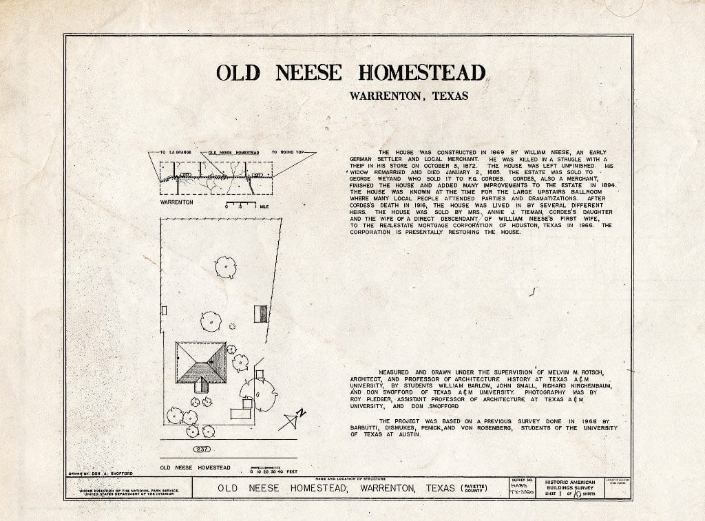 Blueprint HABS TX-3520 (Sheet 1 of 10) - Old Neese Homestead, Warrenton, Fayette County, TX