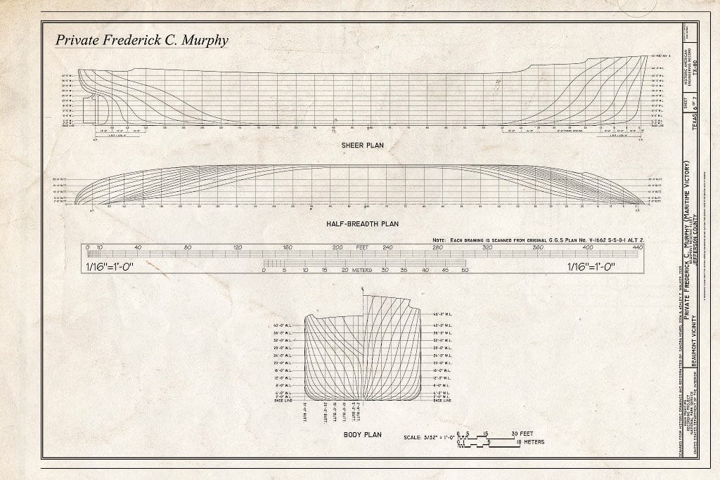 Blueprint Sheer Plan, Half-Breadth Plan, Body Plan - Maritime Victory, Beaumont Reserve Fleet, Neches River, Beaumont, Jefferson County, TX
