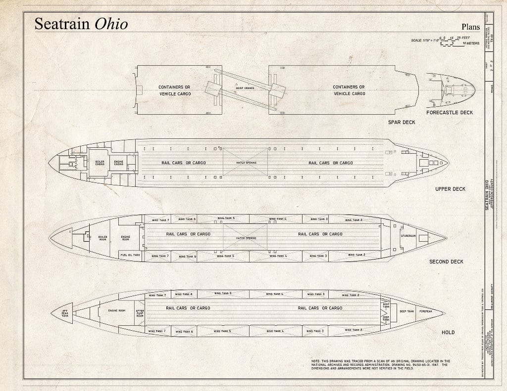 Blueprint Plans: Forecastle Deck, Spar Deck, Upper Deck, Second Deck, Hold - Seatrain Ohio, Beaumont Reserve Fleet, Neches River, Beaumont, Jefferson County, TX