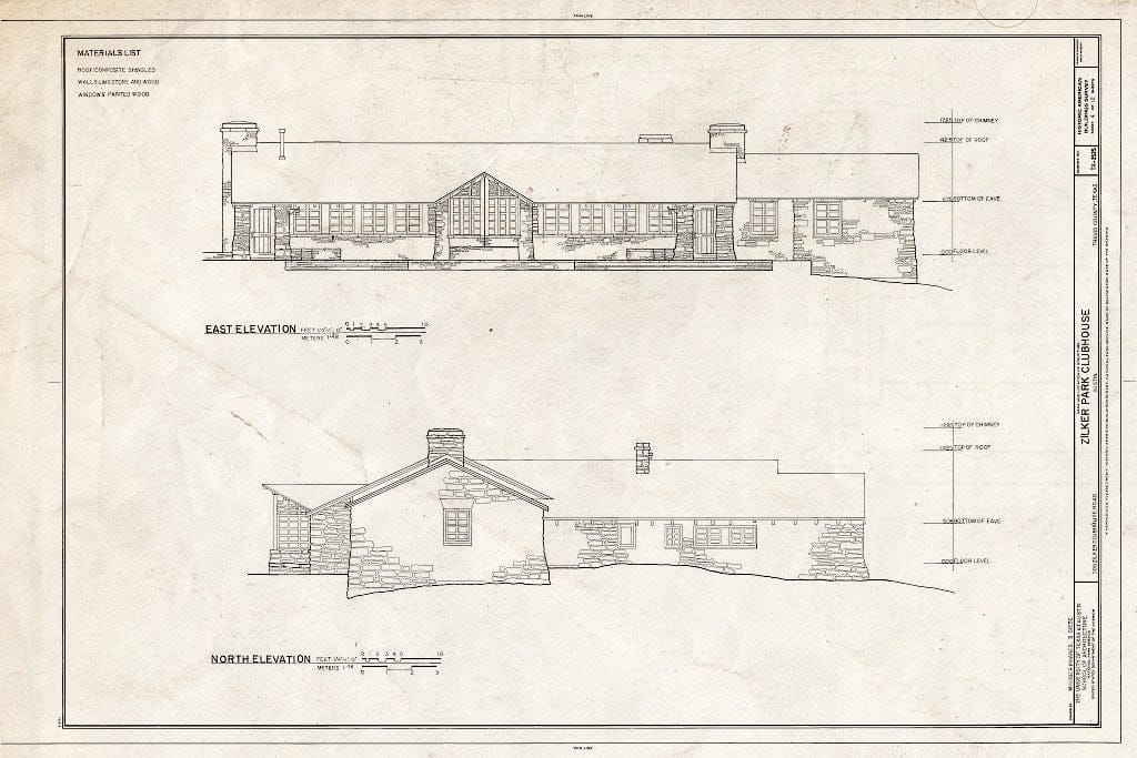 Blueprint North & East Elevation - Zilker Park Club House, 200 Clubhouse Road, Austin, Travis County, TX