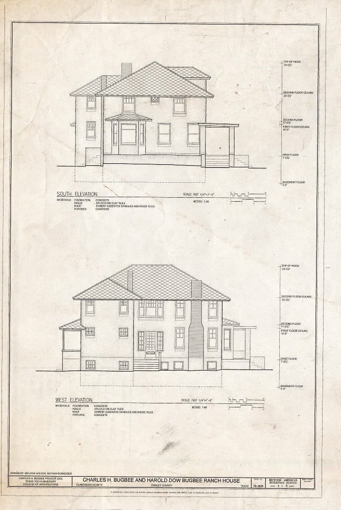 Blueprint South & West Elevation - Charles H. Bugbee & Harold Dow Bugbee Ranch House, Clarendon, Donley County, TX