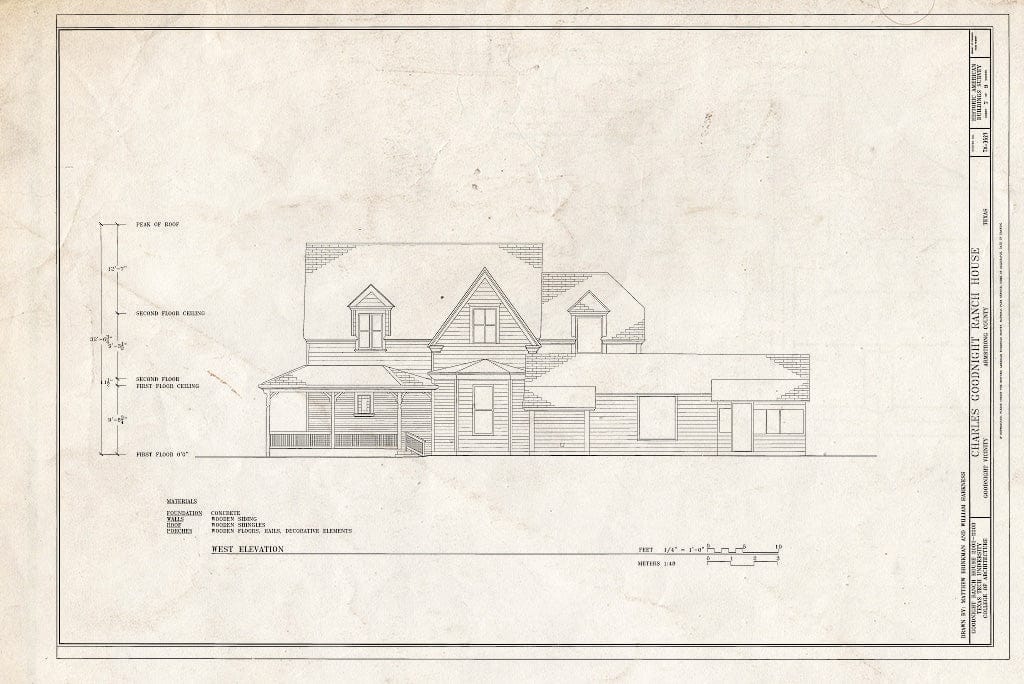 Blueprint West Elevation - Charles Goodnight Ranch House, Goodnight, Armstrong County, TX
