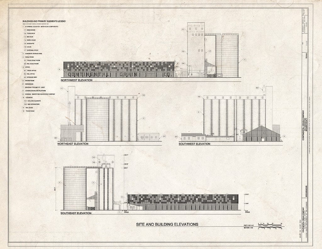 Blueprint Site and Building Elevations - Continental Grain Company, 307 South Washington Street, Brownwood, Brown County, TX