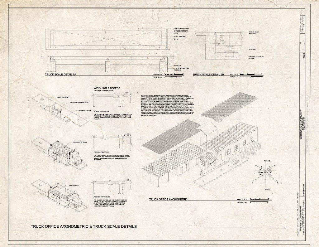 Blueprint Truck Office Axonometric & Truck Scale Details - Continental Grain Company, 307 South Washington Street, Brownwood, Brown County, TX