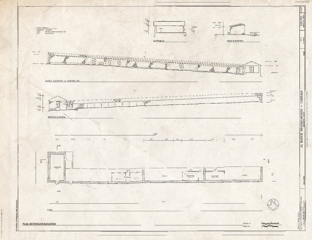 Blueprint Plan, Section, and North & South Elevation - J A Ranch Headquarters, Corrals, Paloduro, Armstrong County, TX
