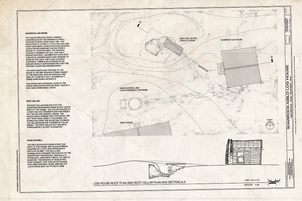 Blueprint Site Plan & Root Celler Section - Sharrock-Niblo Farm, Log House, Grady Niblo Road, Dallas, Dallas County, TX