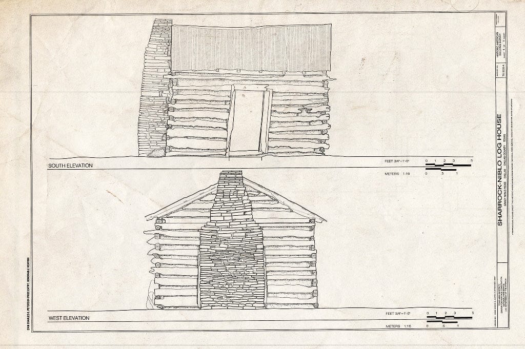 Blueprint West & South Elevation - Sharrock-Niblo Farm, Log House, Grady Niblo Road, Dallas, Dallas County, TX