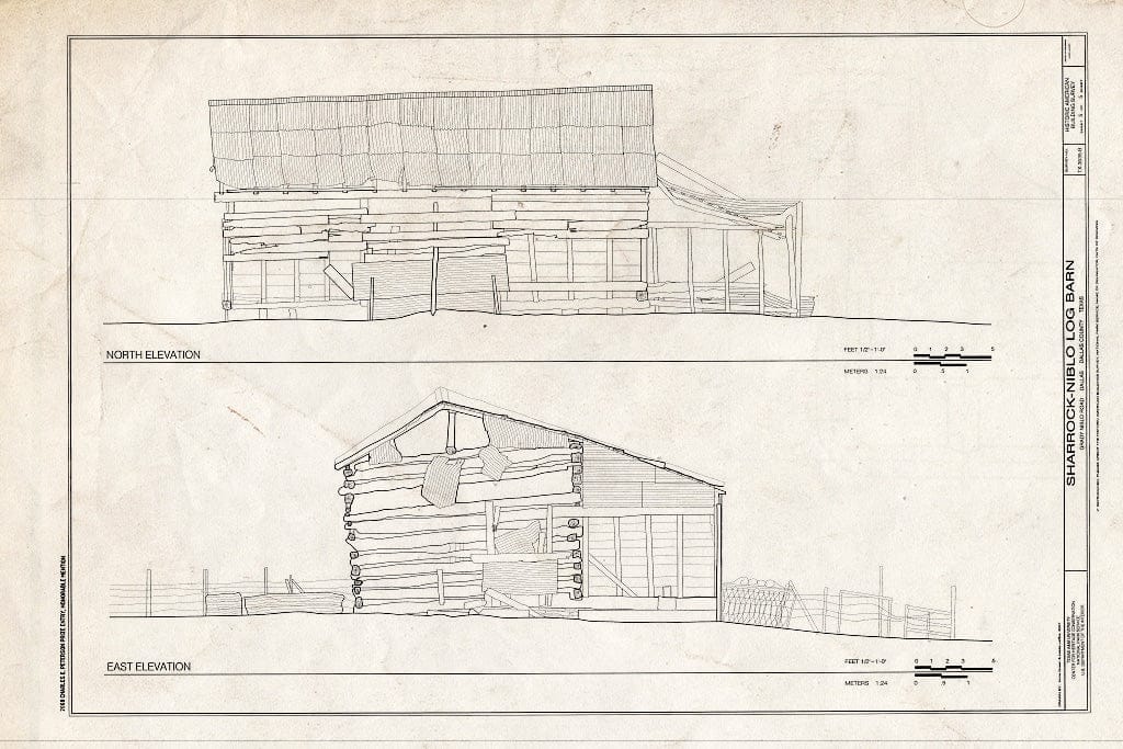 Blueprint North & East Elevations - Sharrock-Niblo Farm, Log Barn, Grady Niblo Road, Dallas, Dallas County, TX