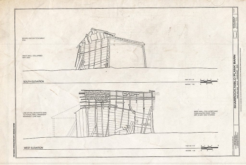 Blueprint South & West Elevation - Sharrock-Niblo Farm, Plank Barn, Grady Niblo Road, Dallas, Dallas County, TX