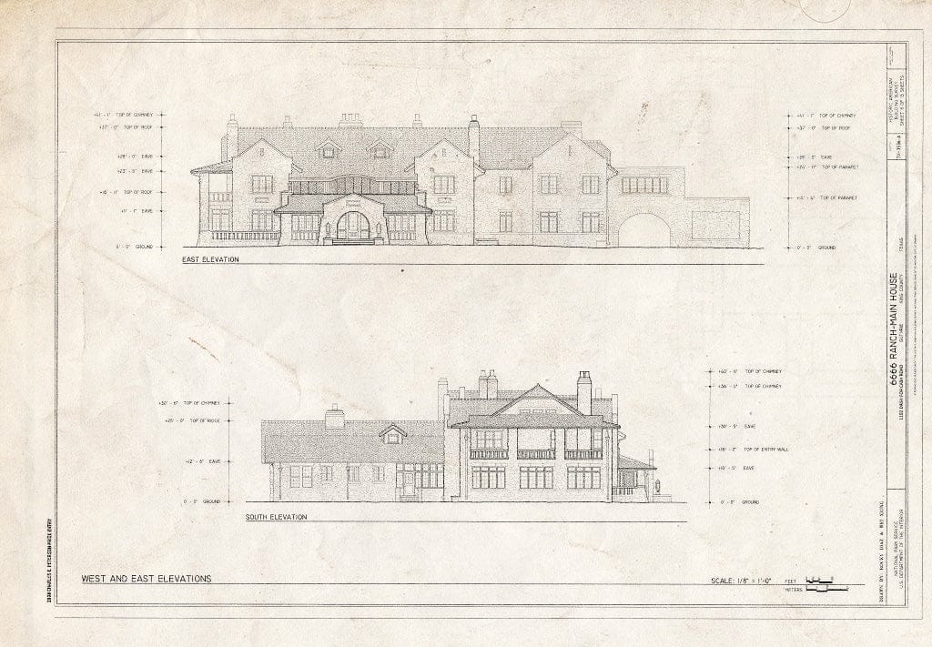 Blueprint West and East elevations - 6666 Ranch, Main House, 1102 Dash for Cash Road, Guthrie, King County, TX