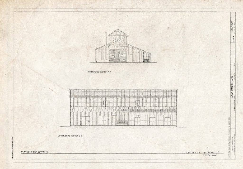 Blueprint Transverse and Longitudinal Section - 6666 Ranch, Barn, 1102 Dash for Cash Road, Guthrie, King County, TX
