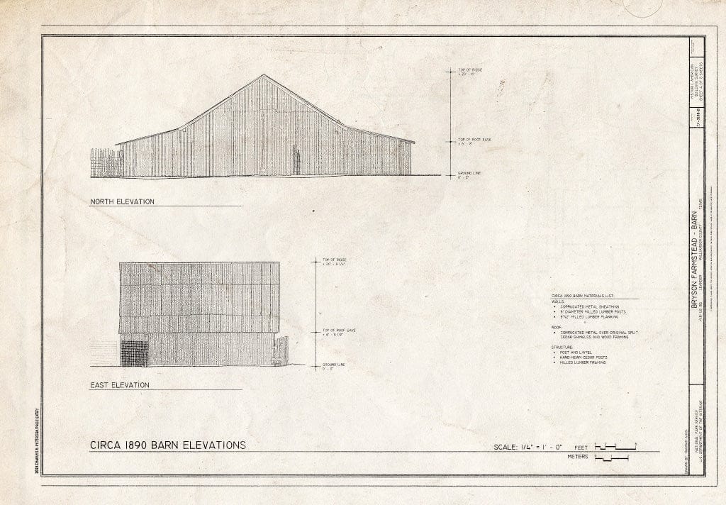 Blueprint North and East elevations - Bryson Farmstead, Barn, 4181 US Highway 183, Leander, Williamson County, TX