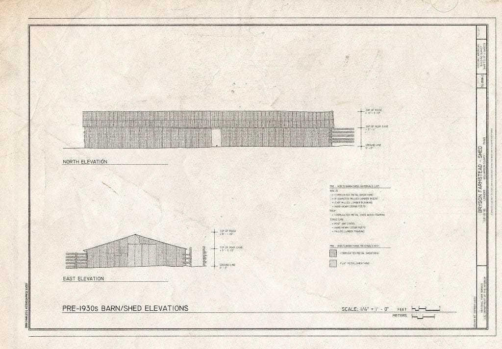 Blueprint North and East Elevation - Bryson Farmstead, Shed, 4181 US Highway 183, Leander, Williamson County, TX