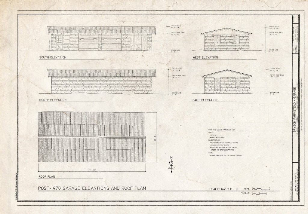 Blueprint Post-1970 Garage elevations and roof Plan - Bryson Farmstead, Garage, 4181 US Highway 183, Leander, Williamson County, TX