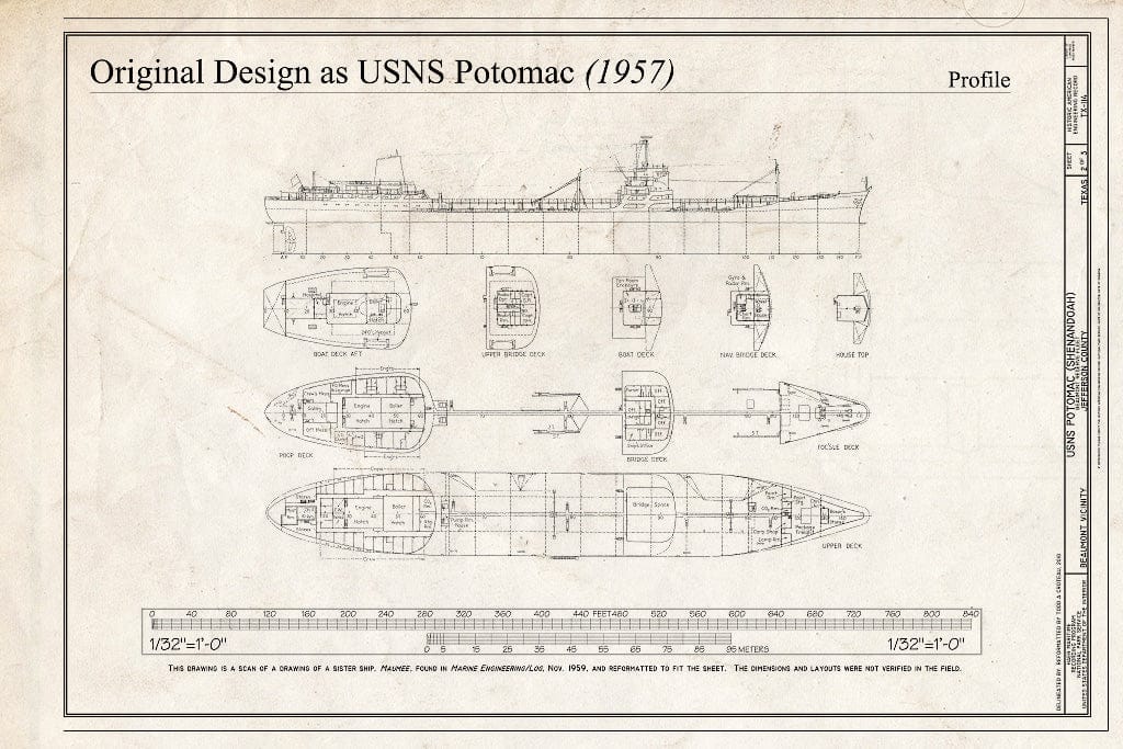Blueprint Original Design as USNS Potomac (1957), Profile - USNS Potomac, Beaumont Reserve Fleet, Neches River, Beaumont, Jefferson County, TX