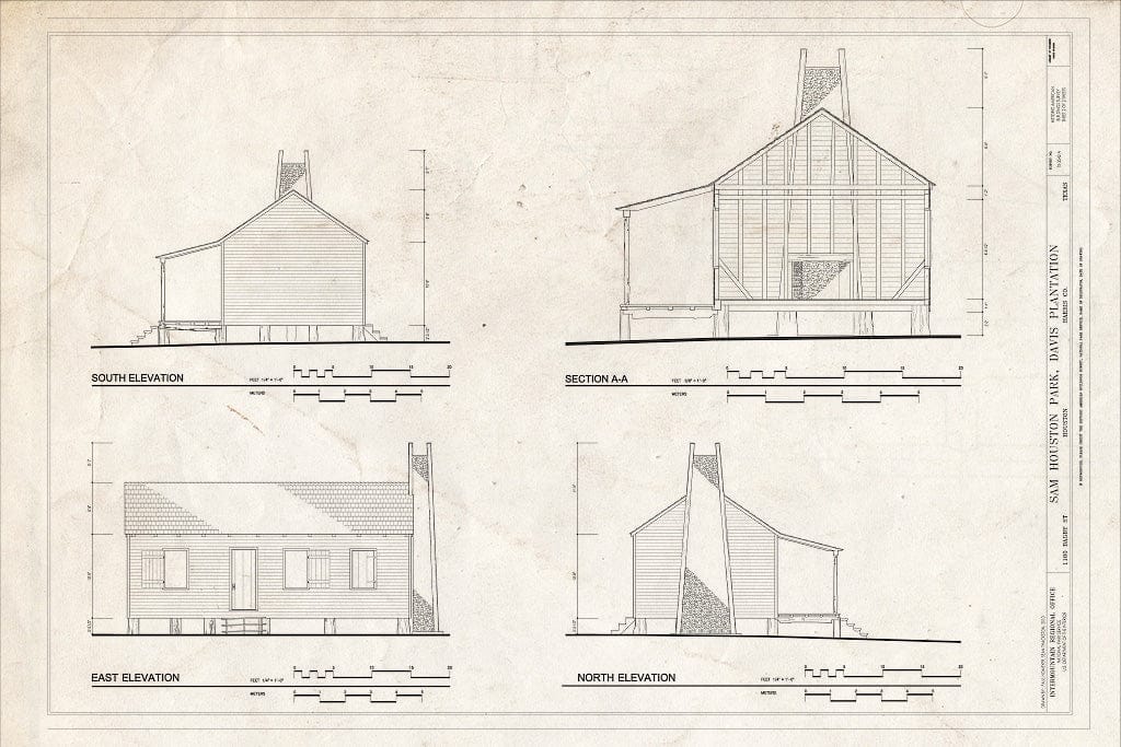 Blueprint South, East & North Elevations and Section - Sam Houston Park, Davis Plantation, 1100 Bagby Street, Houston, Harris County, TX