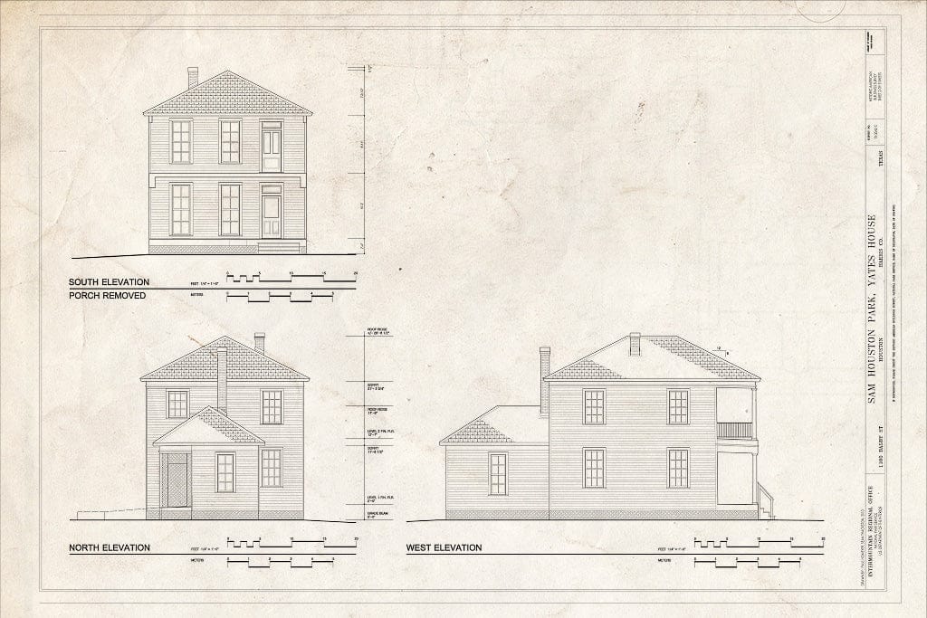 Blueprint South, North & West Elevations - Sam Houston Park, Yates House, 1100 Bagby Street, Houston, Harris County, TX