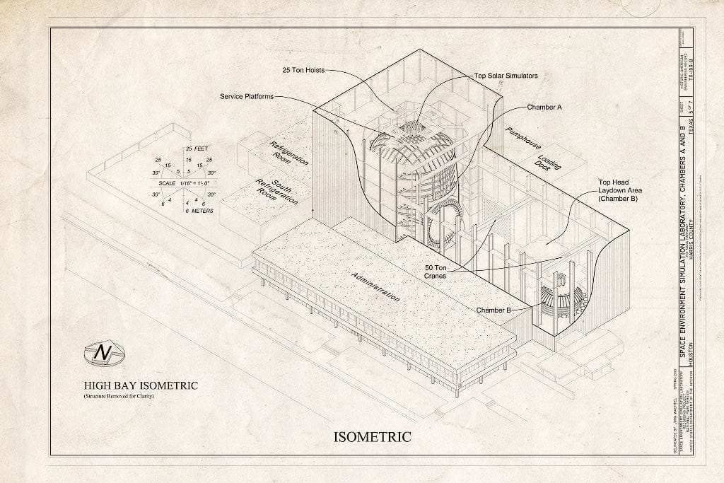 Blueprint High-Bay Isometric - NASA Johnson Space Center, Building No. 32, Space Environment Simulation Laboratory, Chambers A & B, 2101 NASA Parkway, Houston, Harris County, TX
