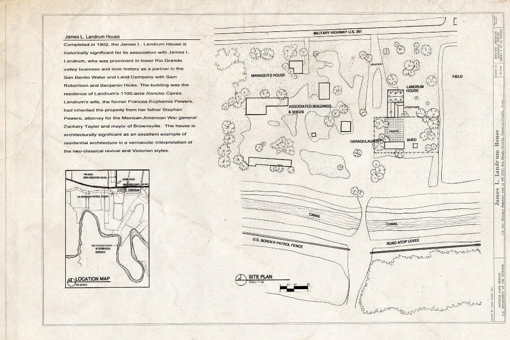 Blueprint Site Plan - James L. Landrum House, South Side of U.S. Highway 281 (Military Highway), Approximately 850 feet East of FM 2520, San Benito, Cameron County, TX
