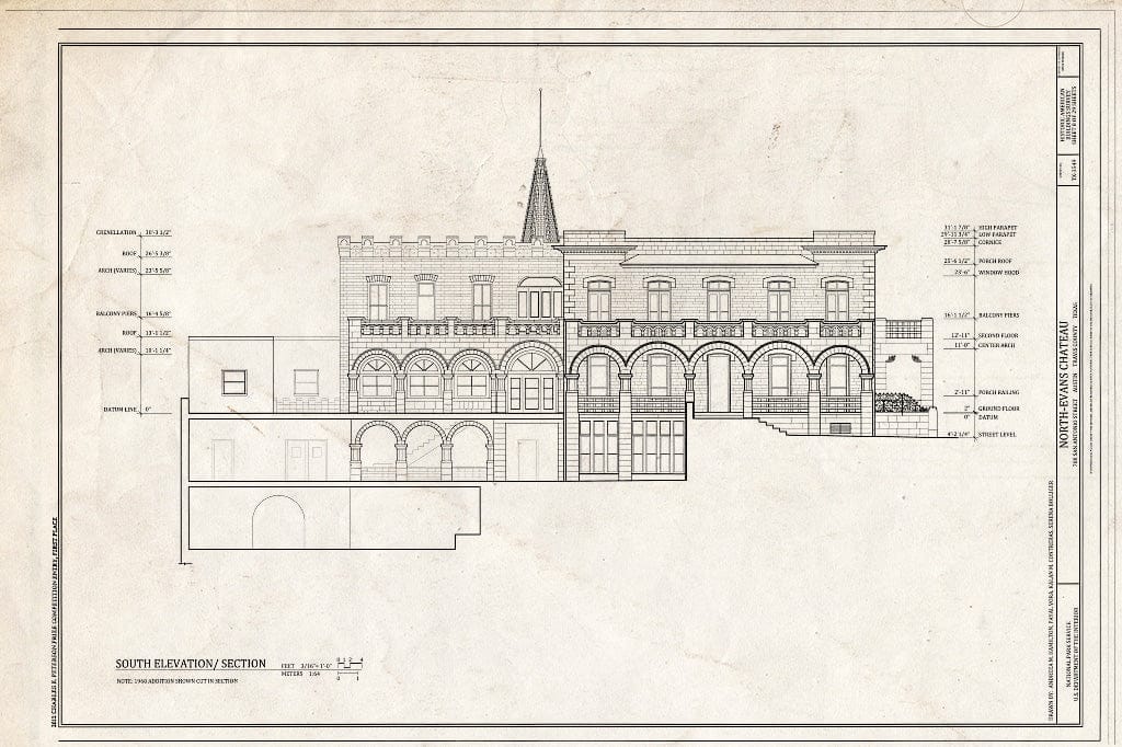 Blueprint South Elevation/Section - North-Evans Chateau, 708 San Antonio Street, Austin, Travis County, TX