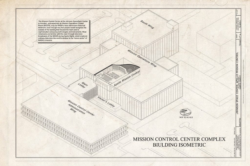 Blueprint Mission Control Center Complex Building Isometric - NASA Johnson Space Center, Apollo Mission Control, 2101 NASA Parkway, Houston, Harris County, TX