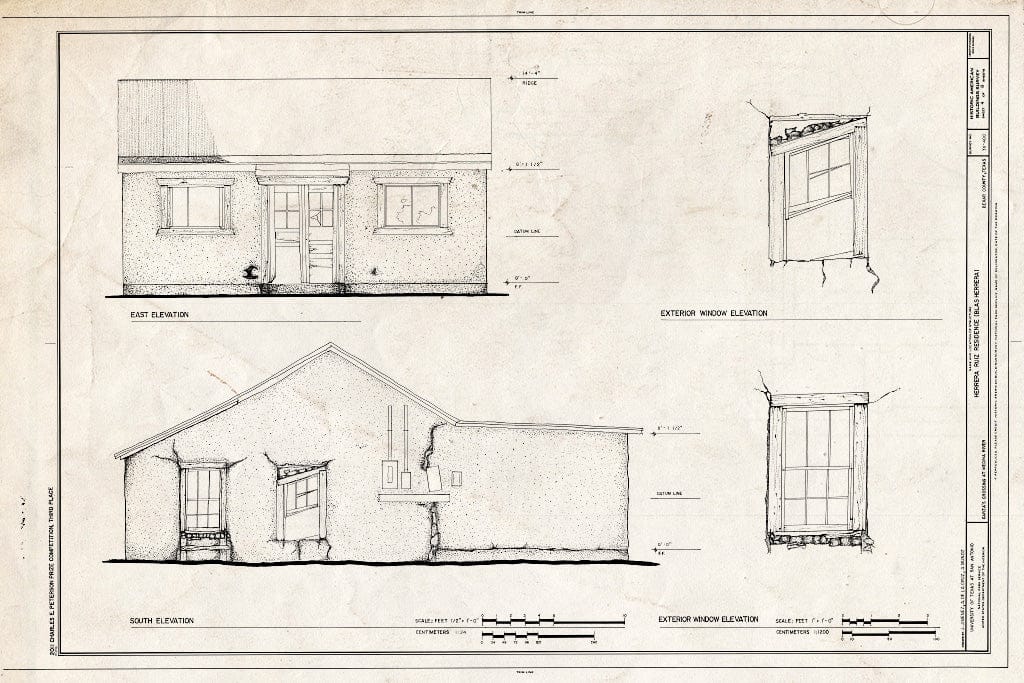 Blueprint South and East Elevations, Exterior Window Elevations - Herrera Ruiz House, Garza's Crossing at Medina River, Somerset, Bexar County, TX